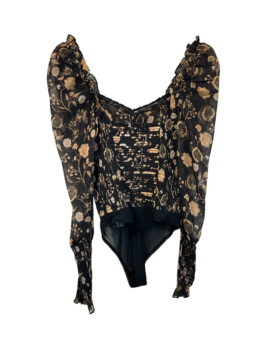 Free People Womens Brunch Date Floral Bodysuit Sz XS Long Sleeve Black